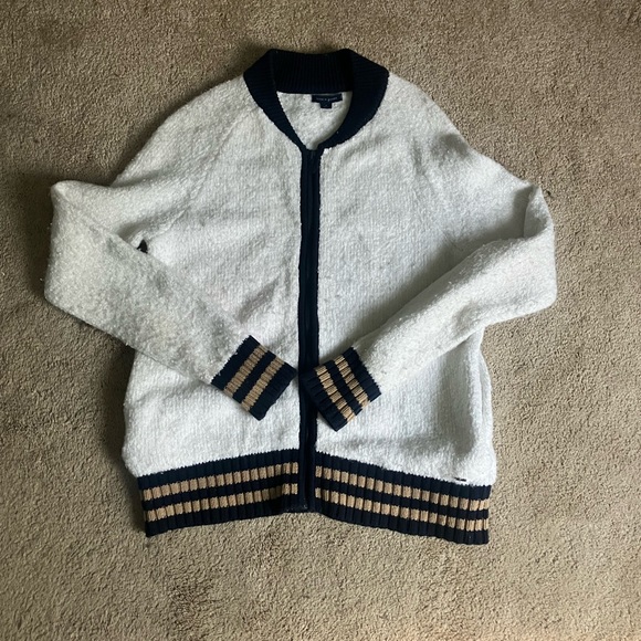 Tommy Hilfiger navy and white knit full zip sweater jacket - Picture 1 of 2